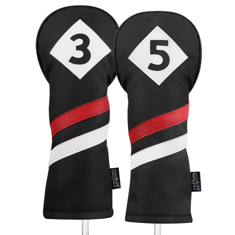 Majek Retro Golf Headcovers Black Red and White Vintage Leather Style 3 & 5 Fairway Wood Head Cover Classic Look - Image 1
